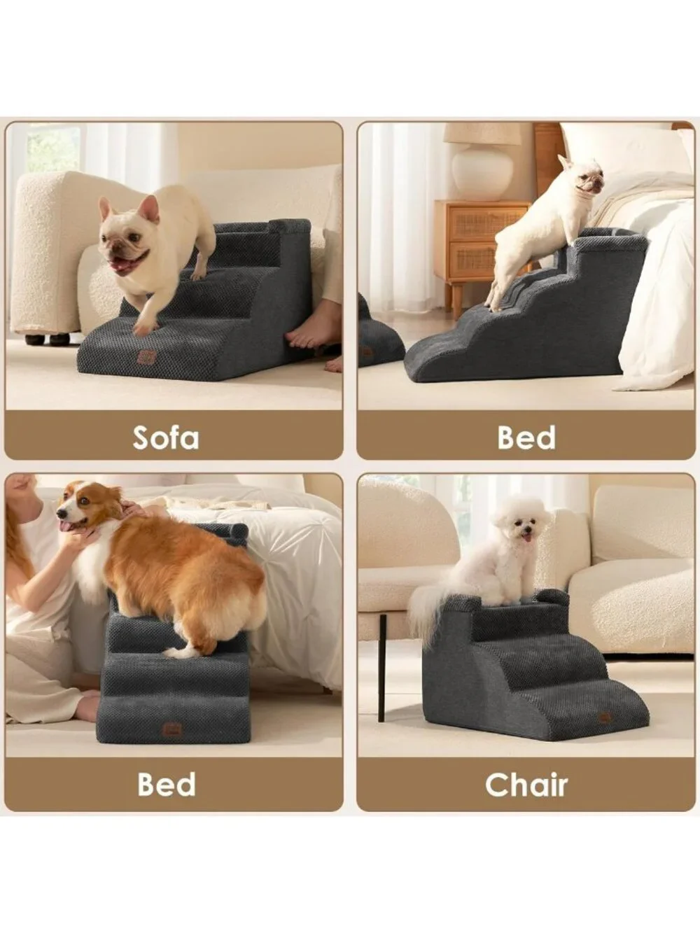 Curved 3-Step Dog Stairs for Couch, Pet Ramp for Small Dogs, Grey 14